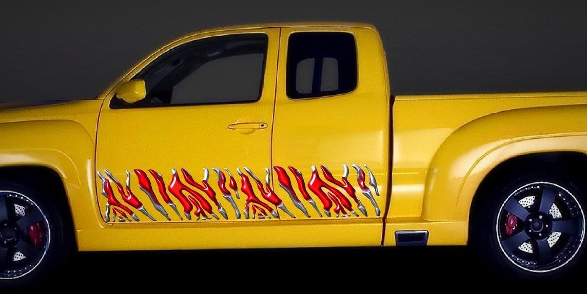 red zebra stripes decals on yellow truck